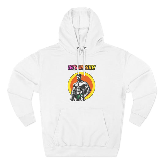 Let's Wrestle! premium fleece hoodie in white, front, BFCK comic wrestler in a yellow and orange circle