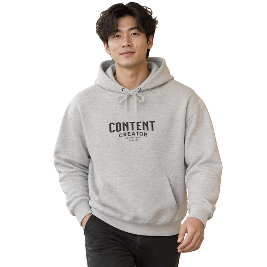 Content Creator hoodie in heather grey worn by a model on white (AI-generated model image)