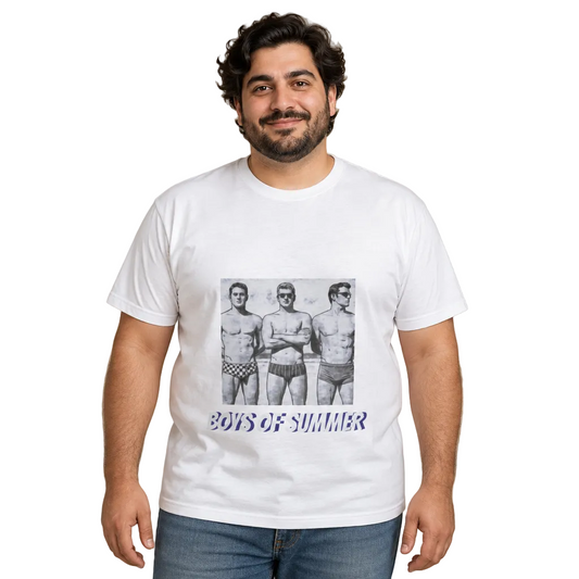 Boys of Summer black and white tee in white worn by a smiling model (AI-generated model image)