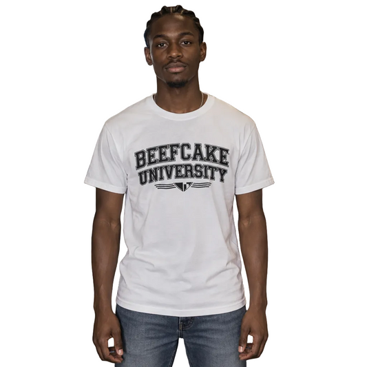 Beefcakes University Class Act tee in white worn by a model on white (AI-generated model image)