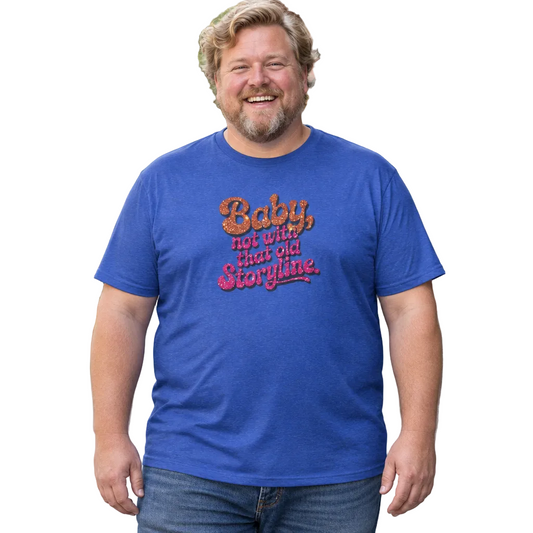 Retire That Old Storyline tee in heather blue worn by a laughing model on white (AI-generated model image)
