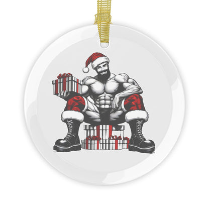 BEEFCAKE SANTA SITTING GLASS ORNAMENT