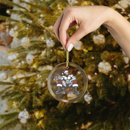 BEEFCAKE SANTA SITTING GLASS ORNAMENT