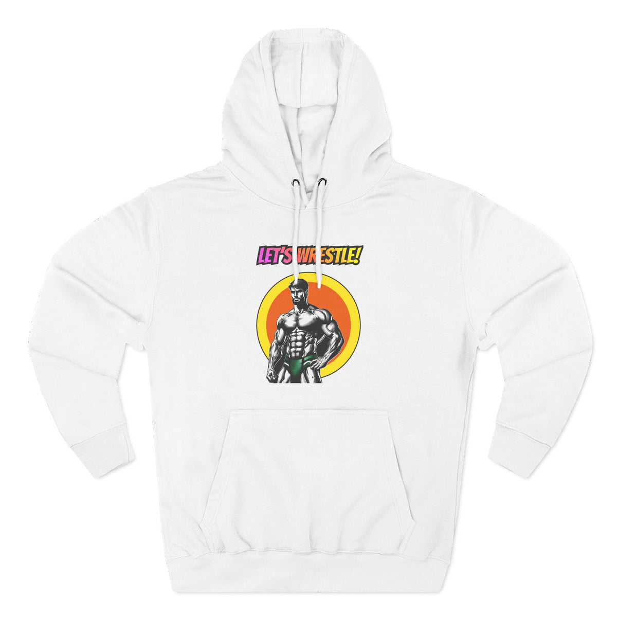 Let's Wrestle! premium fleece hoodie in white, front, BFCK comic wrestler in a yellow and orange circle
