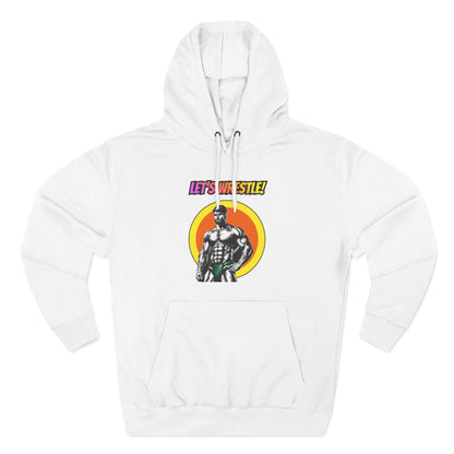 Let's Wrestle! premium fleece hoodie in white, front, BFCK comic wrestler in a yellow and orange circle