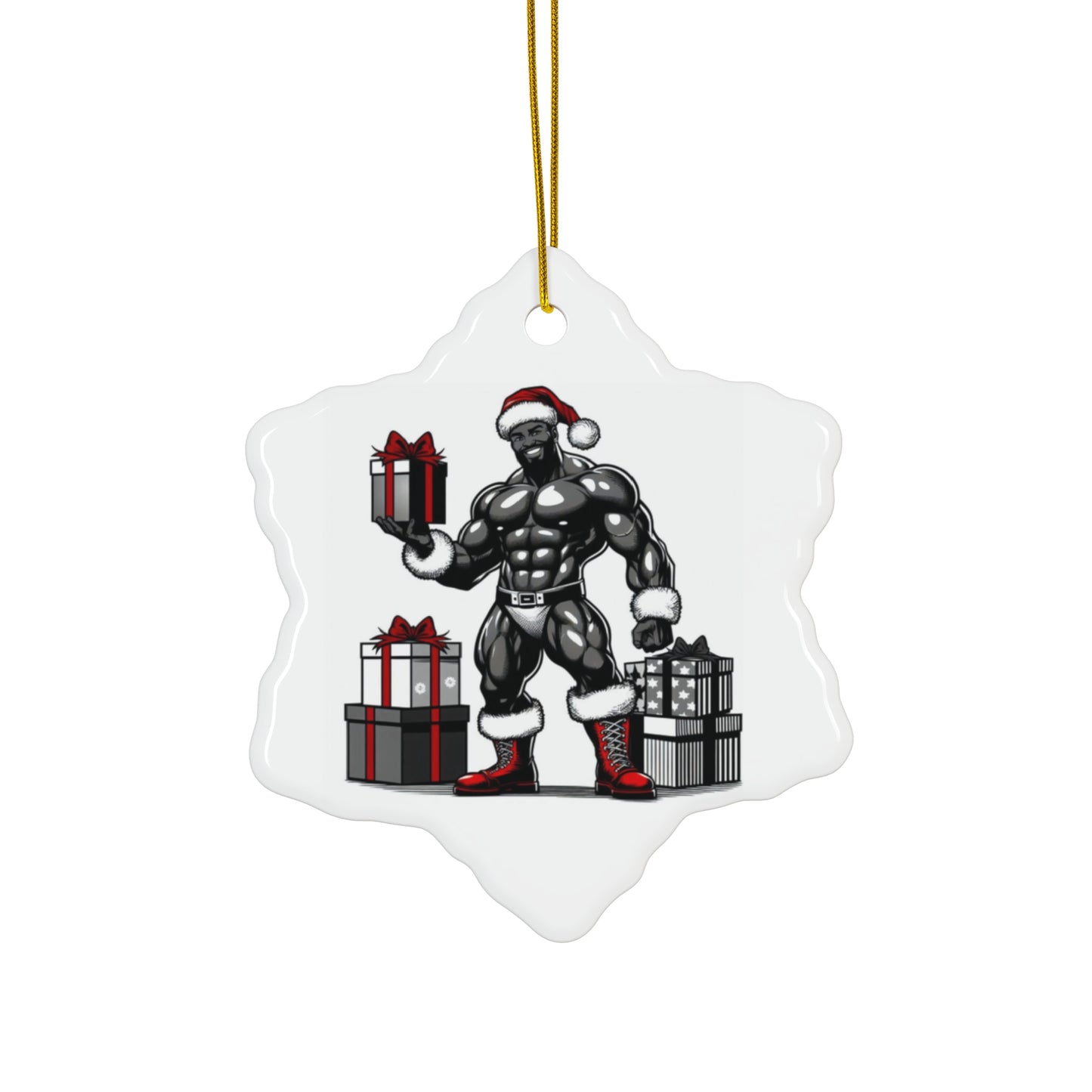 BEEFCAKE SANTA WITH PACKAGES, Ceramic Ornament, 2 Shapes