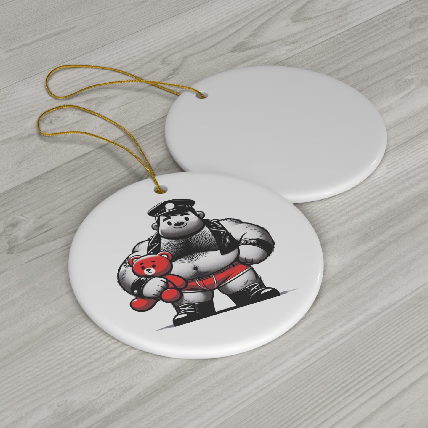 BEEFCAKE BEAR-BEAR ON CERAMIC ORNAMENT, 2 SHAPES