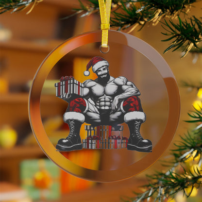 BEEFCAKE SANTA SITTING GLASS ORNAMENT