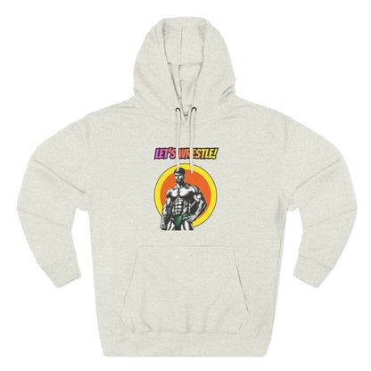 Let's Wrestle! premium fleece hoodie in oatmeal heather, front