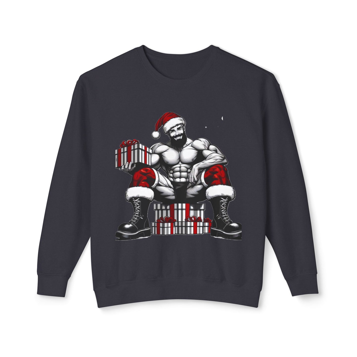 BEEFCAKE SANTA SITTING, Lightweight Crewneck Sweatshirt