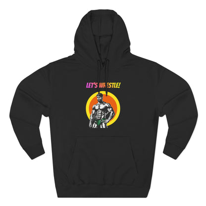 Let's Wrestle! premium fleece hoodie in black, front