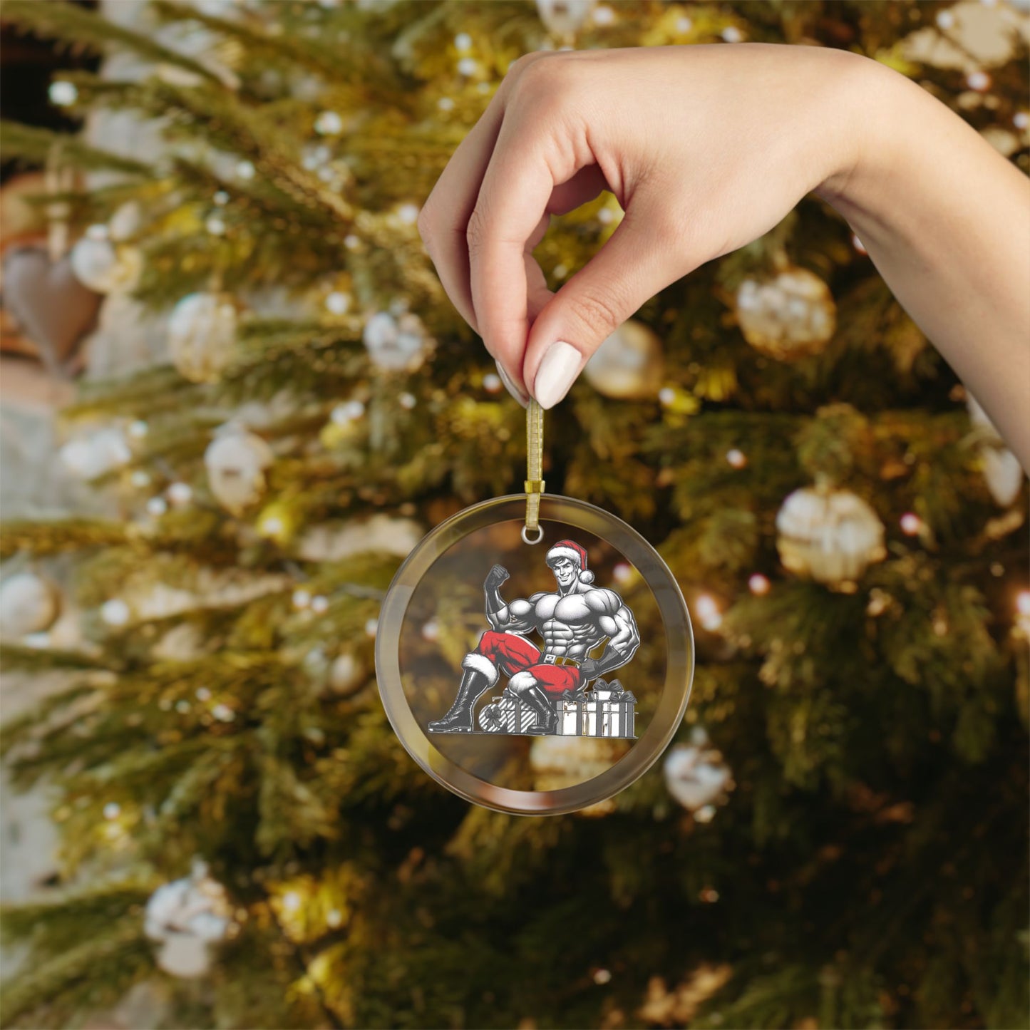 BEEFCAKE SANTA FIST, GLASS ORNAMENT