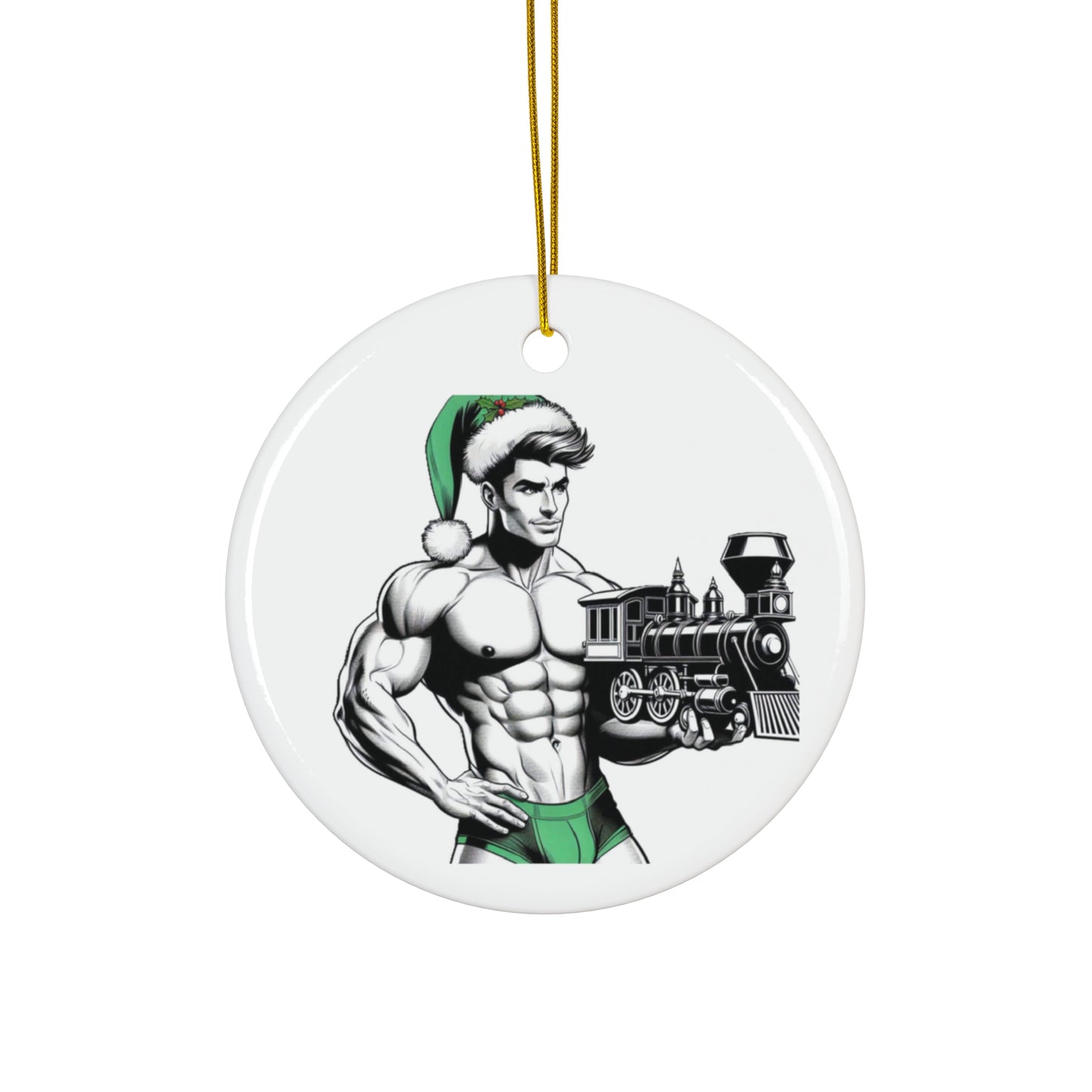 BEEFCAKE GREEN HAT SANTA, CERAMIC ORNAMENT