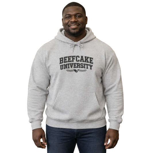 Beefcakes University cuffed hoodie in heather grey worn by a model on white (AI-generated model image)