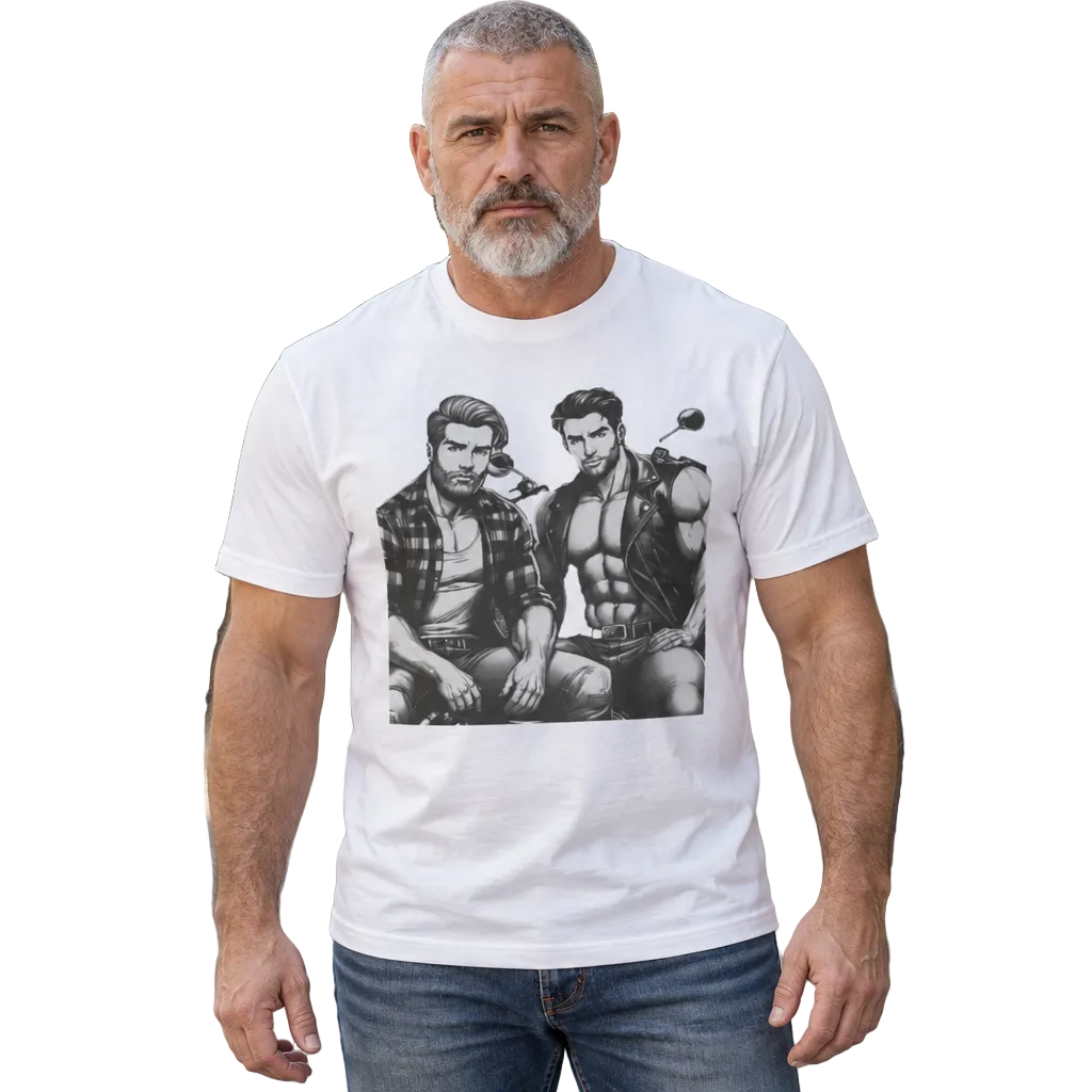 Vintage Beefcake Motorcycle Boys tee in white worn by a silver-haired model on white (AI-generated model image)