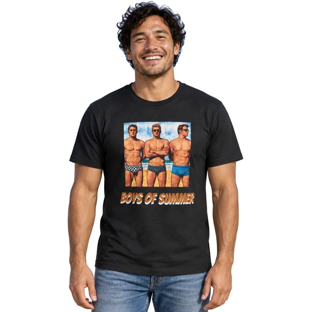 Boys of Summer color tee in black worn by a laughing model on white (AI-generated model image)