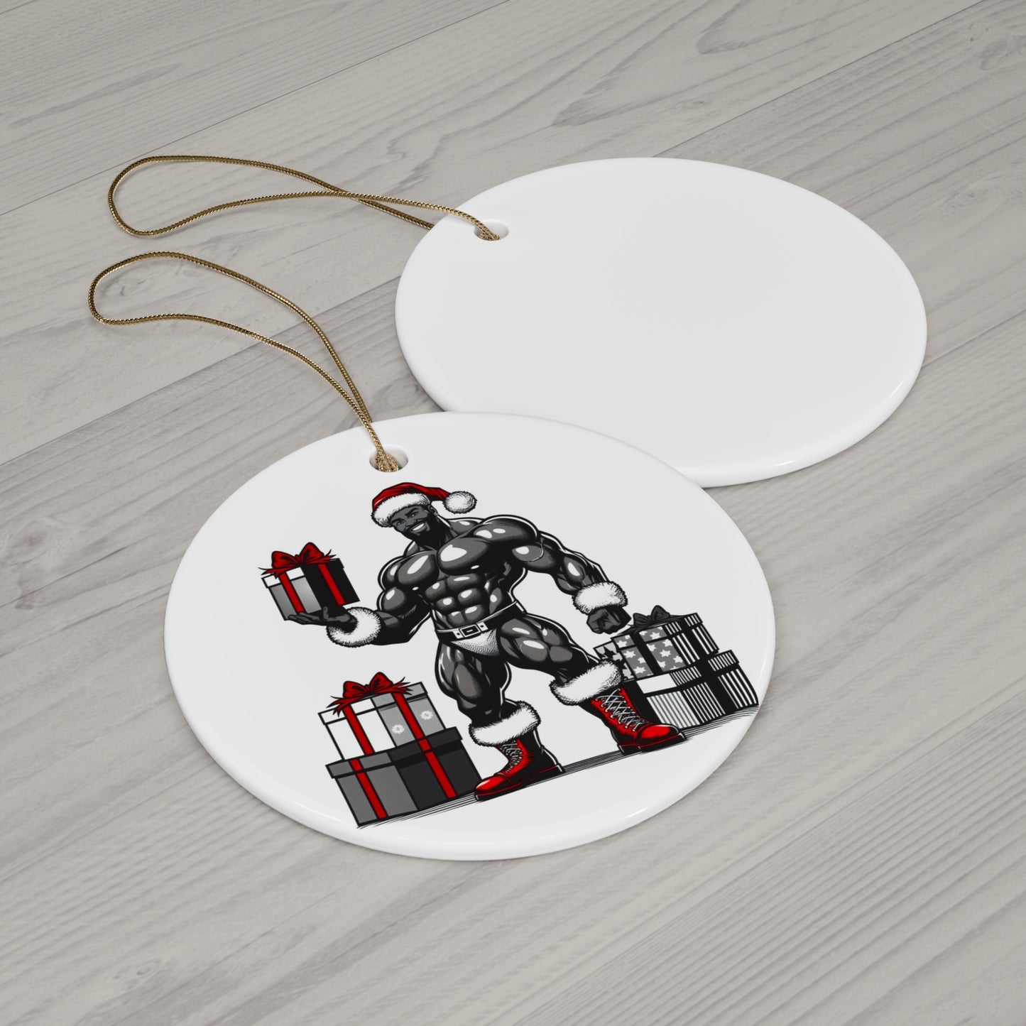 BEEFCAKE SANTA WITH PACKAGES, Ceramic Ornament, 2 Shapes