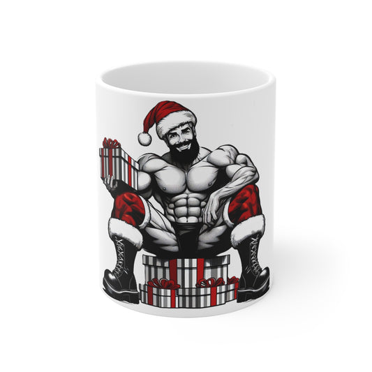 BEEFCAKE SANTA SITTING, HOLIDA MUG #2, 11oz