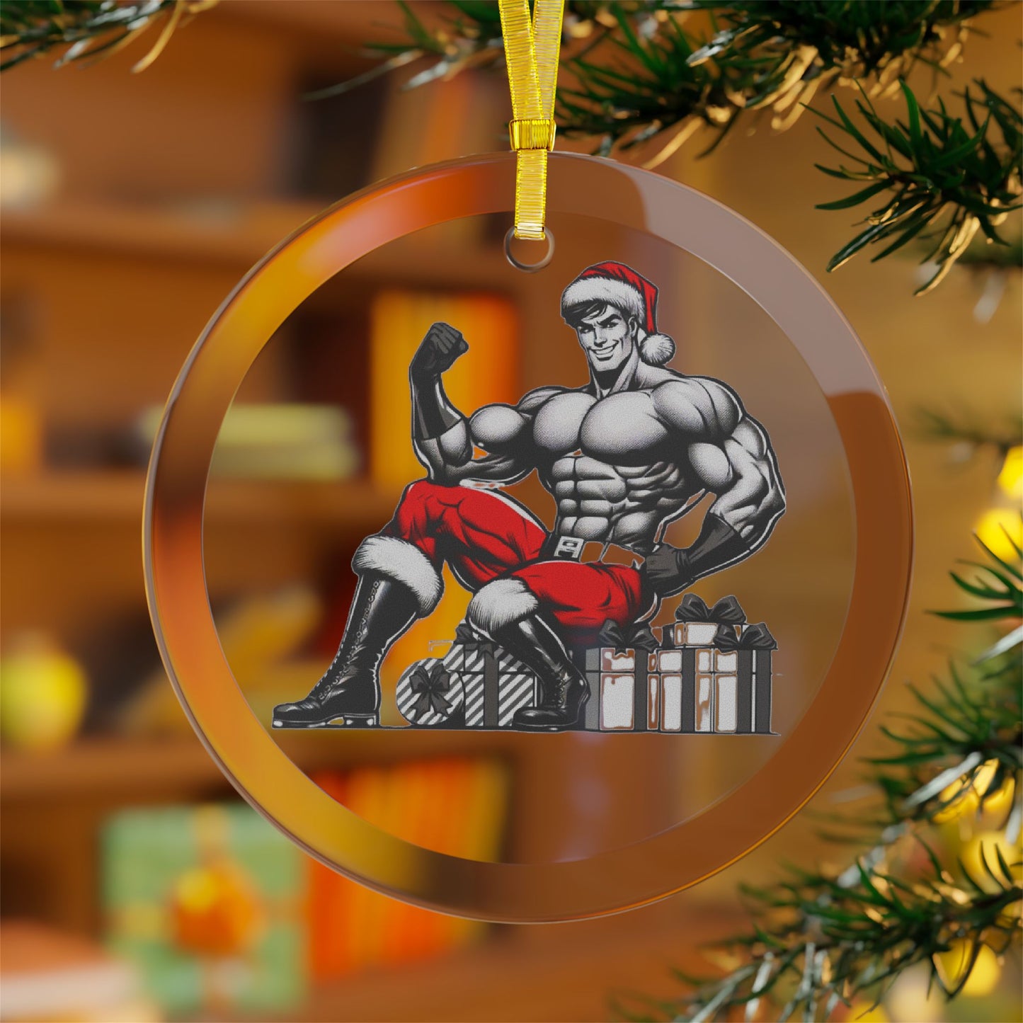 BEEFCAKE SANTA FIST, GLASS ORNAMENT