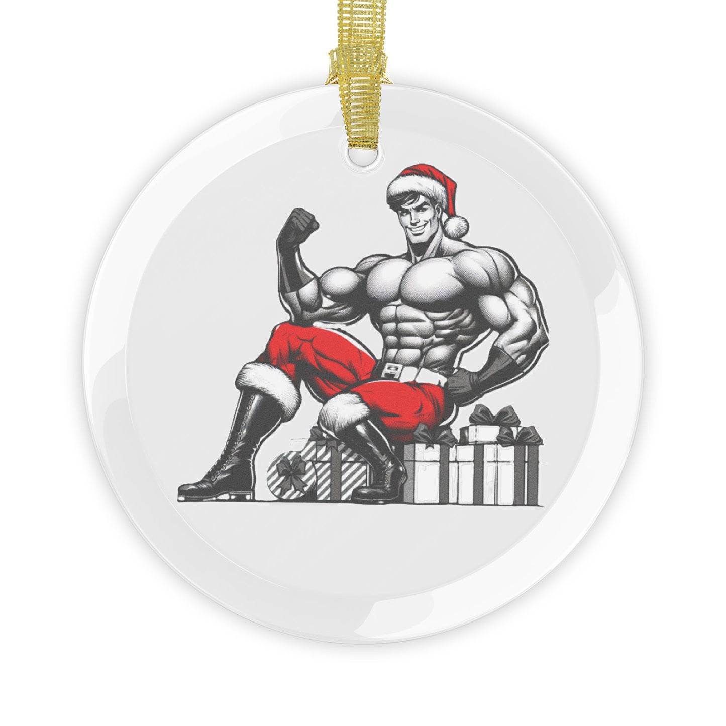 BEEFCAKE SANTA FIST, GLASS ORNAMENT