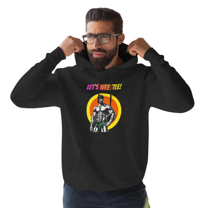 Model wearing the black Let's Wrestle! premium fleece hoodie with the BFCK comic wrestler design