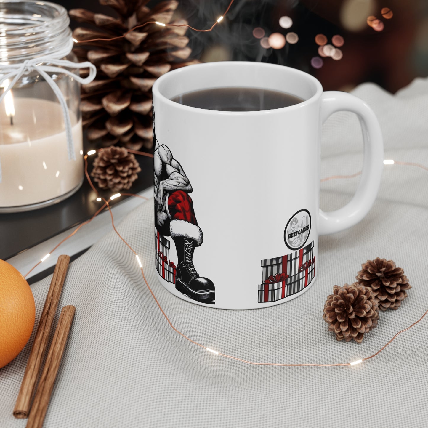 BEEFCAKE SANTA SITTING, HOLIDA MUG #2, 11oz