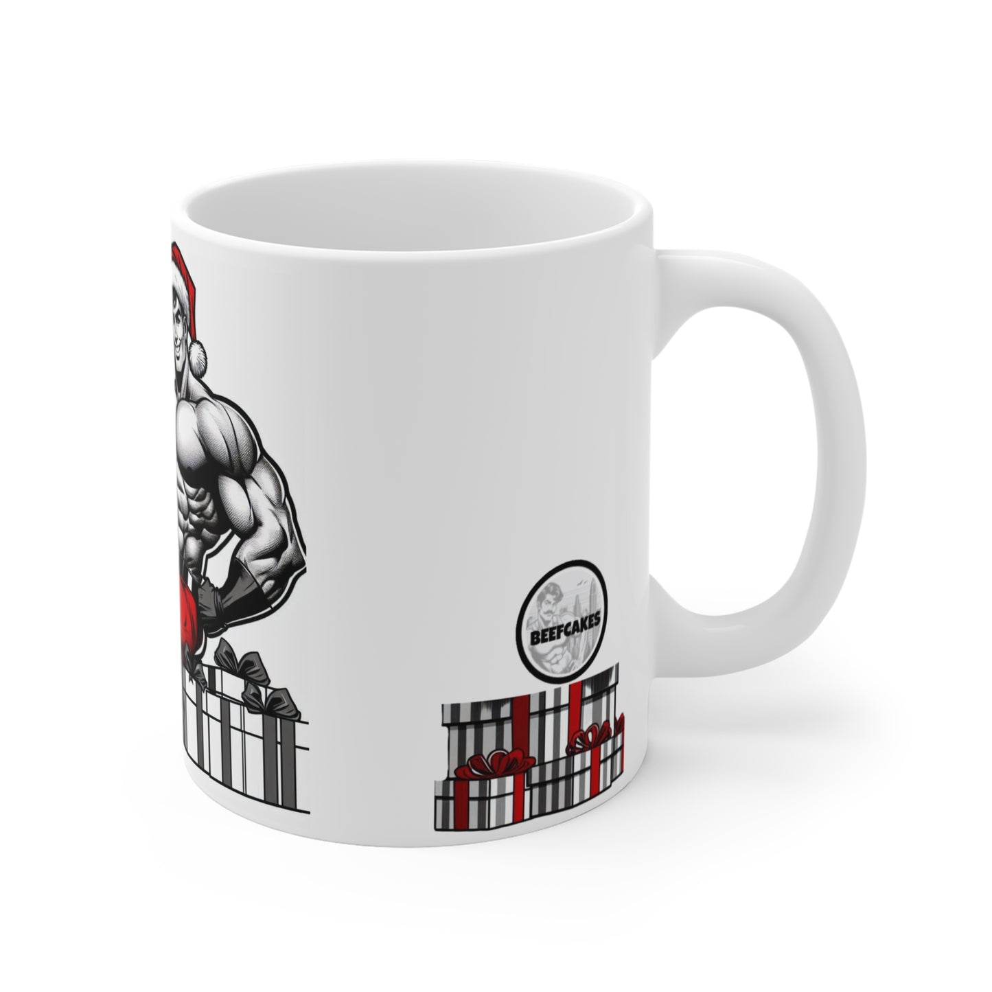 BEEFCAKE SANTA FIST, HOLIDAY MUG #1, 11oz