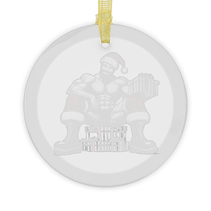 BEEFCAKE SANTA SITTING GLASS ORNAMENT