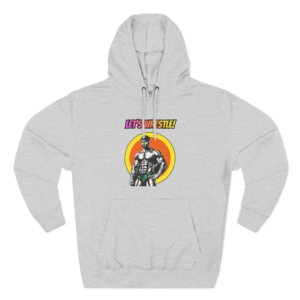 Let's Wrestle! premium fleece hoodie in grey heather, front