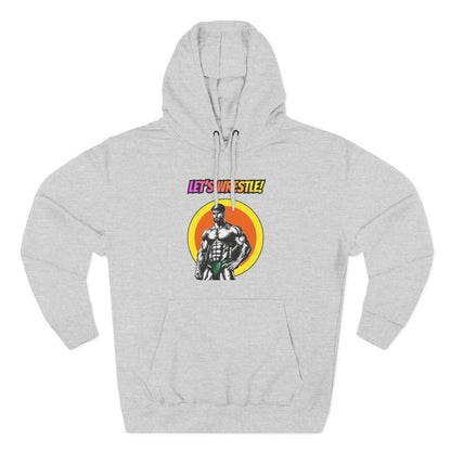 Let's Wrestle! premium fleece hoodie in grey heather, front