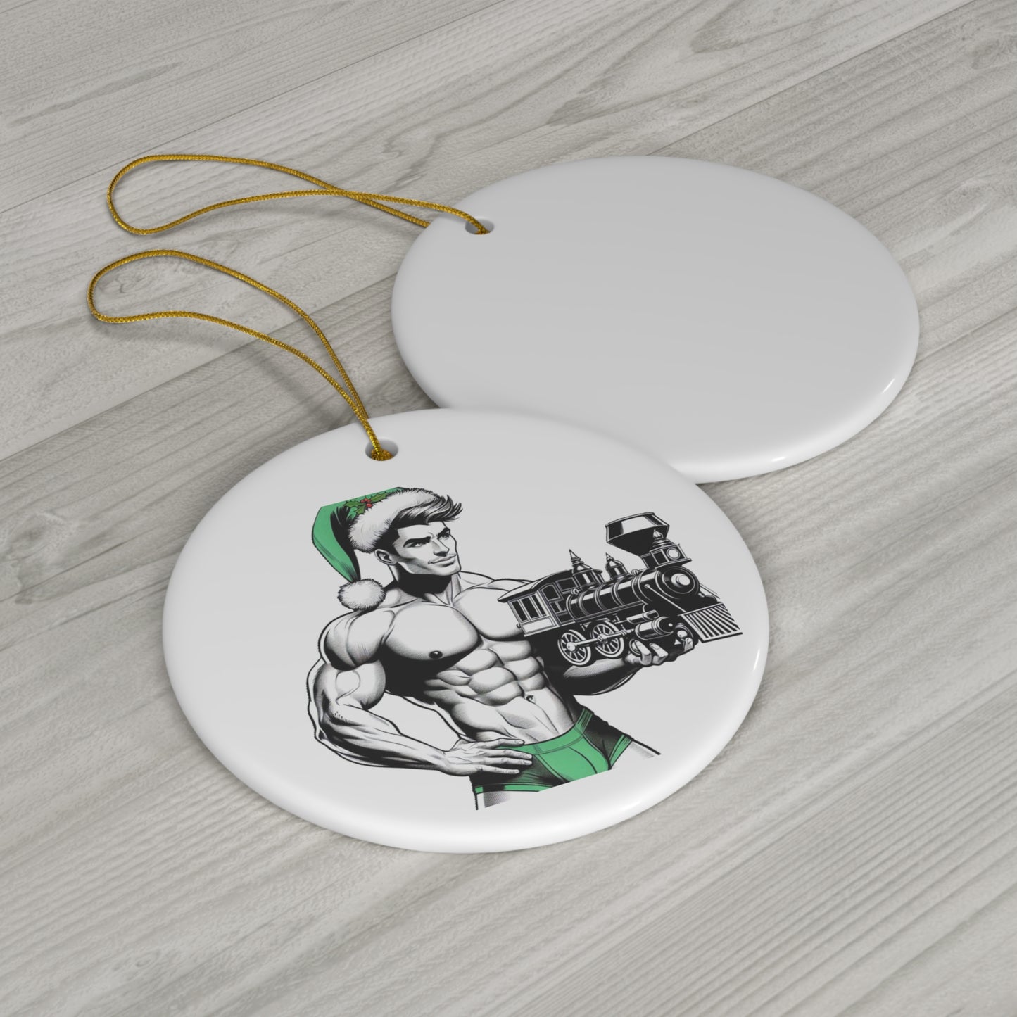 BEEFCAKE GREEN HAT SANTA, CERAMIC ORNAMENT