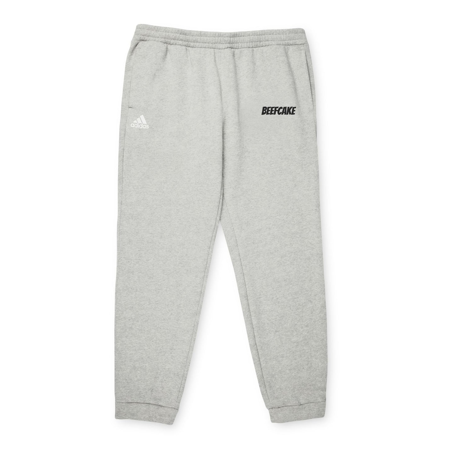 BEEFCAKE ADDIDAS FLEECE JOGGERS/LIGHT GRAY WITH WHITE TEXT