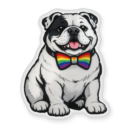 Gigi the English bulldog in a rainbow bow tie, custom-shaped pillow on a white background